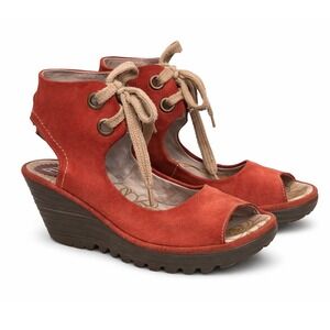 Fly London EU 40 US 9 to 9.5 Red Leather Suede Yaffa Lace Up Wedge Sandals Boho